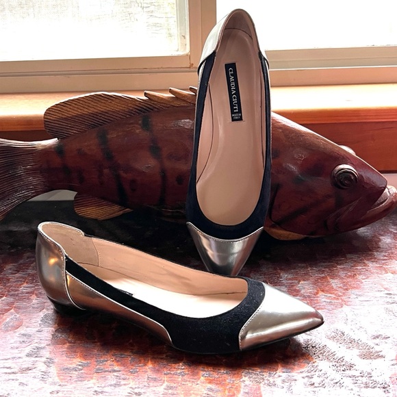 NWT New in Box Claudia Ciuti Kika Black Suede and Gun Metal Leather Flats Party - Picture 2 of 11